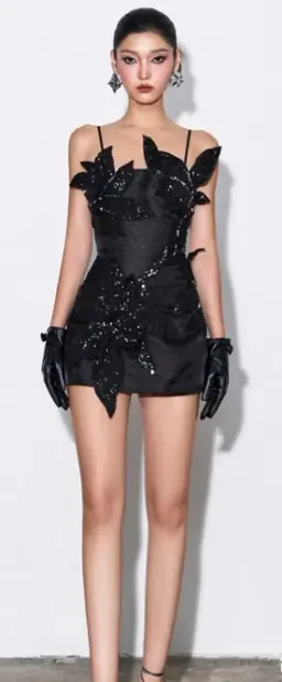 Black suspender sequined satin design flower waist slim skirt homecoming dress R4575