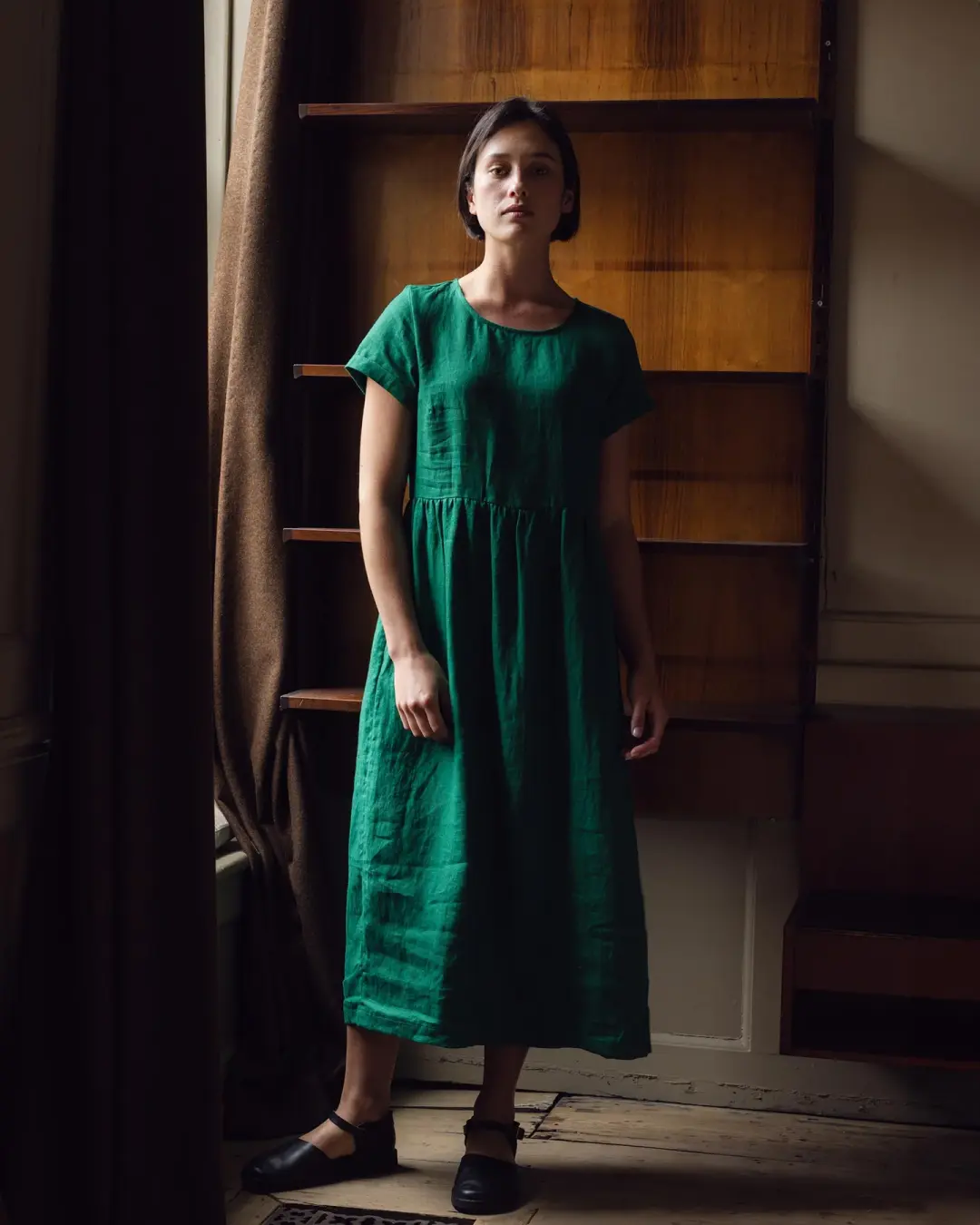 No.17 Full Length Linen Tea Dress in Viridian Green