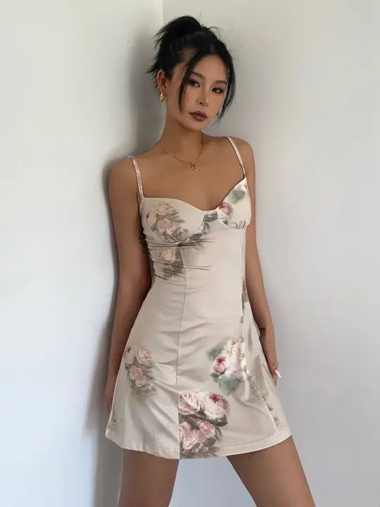 Rose suspender dress summer slim temperament sleeveless skirt waist a-line short skirt R3031