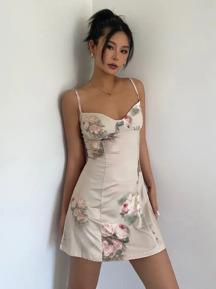 Rose suspender dress summer slim temperament sleeveless skirt waist a-line short skirt R3031