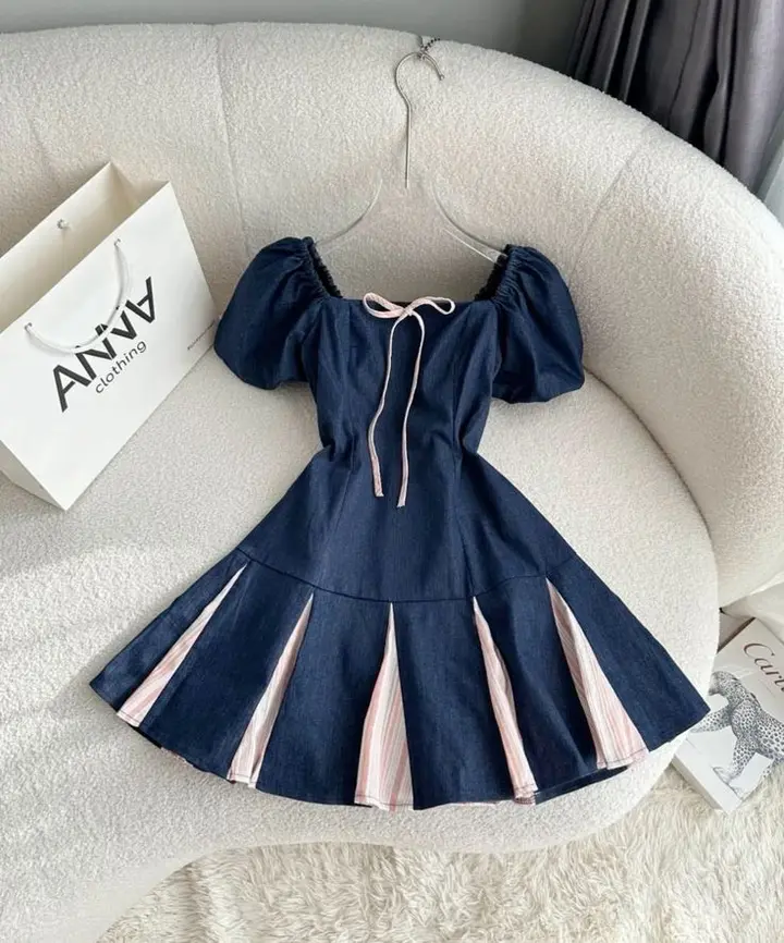 Navy blue puff sleeves waist slim fit A-line she'ji short skirt homecoming dress R3925