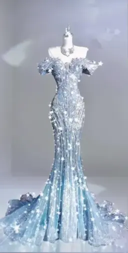 Silver Off-the-Shoulder Rhinestone-Embellished Fitted-Waist Slim-Fit Hip-Hugging Mermaid-Length Prom Dress R6505
