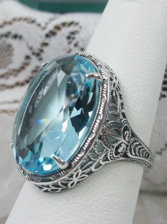 Sky Blue Ring, Natural or Simulated, Persian Design, Art Deco Vintage Revival Jewelry #D230