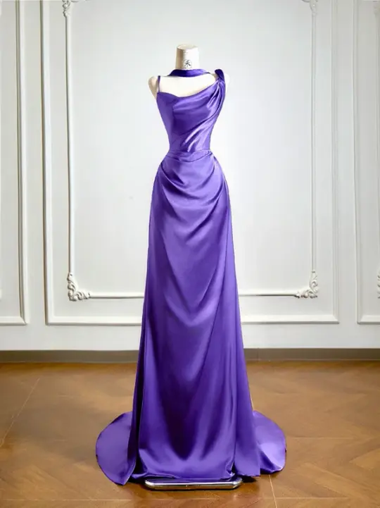 Purple halter-neck satin fitted long elegant ball gown R8147