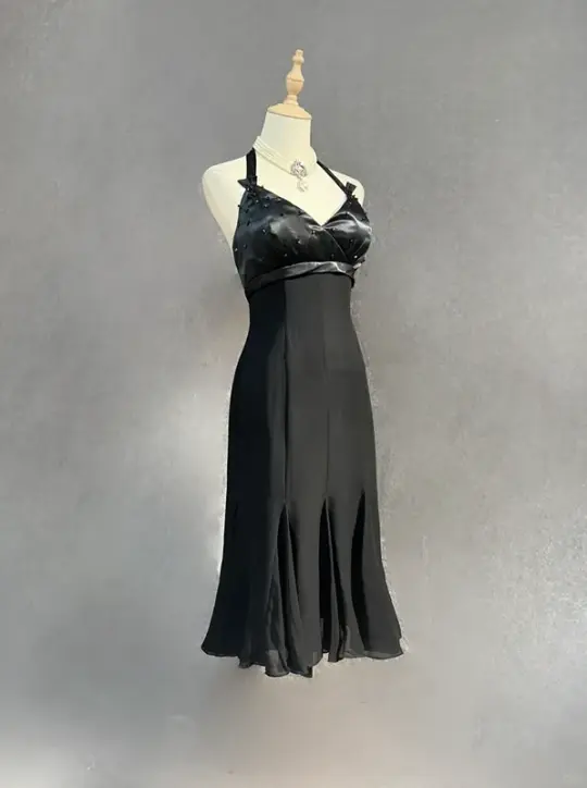 Black halter neck slim waist mid-length skirt homecoming dress R4932