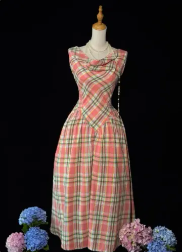 Retro Plaid A-Line Portrait Corset Midi Party Dress Prom Dress RS556