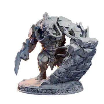 Gorr'thak Monstrous Brute Miniature - Unpainted Resin. Boss-scale monster model on 50mm base for TTRPGs like D&D or Pathfinder. This scavenger brute features wasteland-style breathing mask, large scrap knife, and a stone wall shield. Highly detailed 3D sculpt. Lava Forge collection.