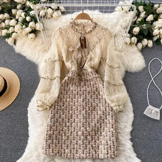 High-end French retro Chanel style dress with elegant beading and unique design R2245