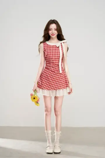 2026 Summer New Red Gingham Dress With Bow Neck And Chiffon Underlayer R9401