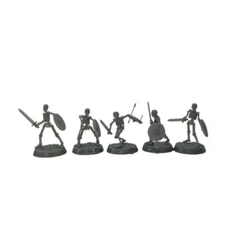 A front-view photograph of five unpainted grey resin skeleton swordsman miniatures against a white background. The skeletal figures are dynamically posed holding swords and round shields, mounted on circular, cobblestone-textured bases.