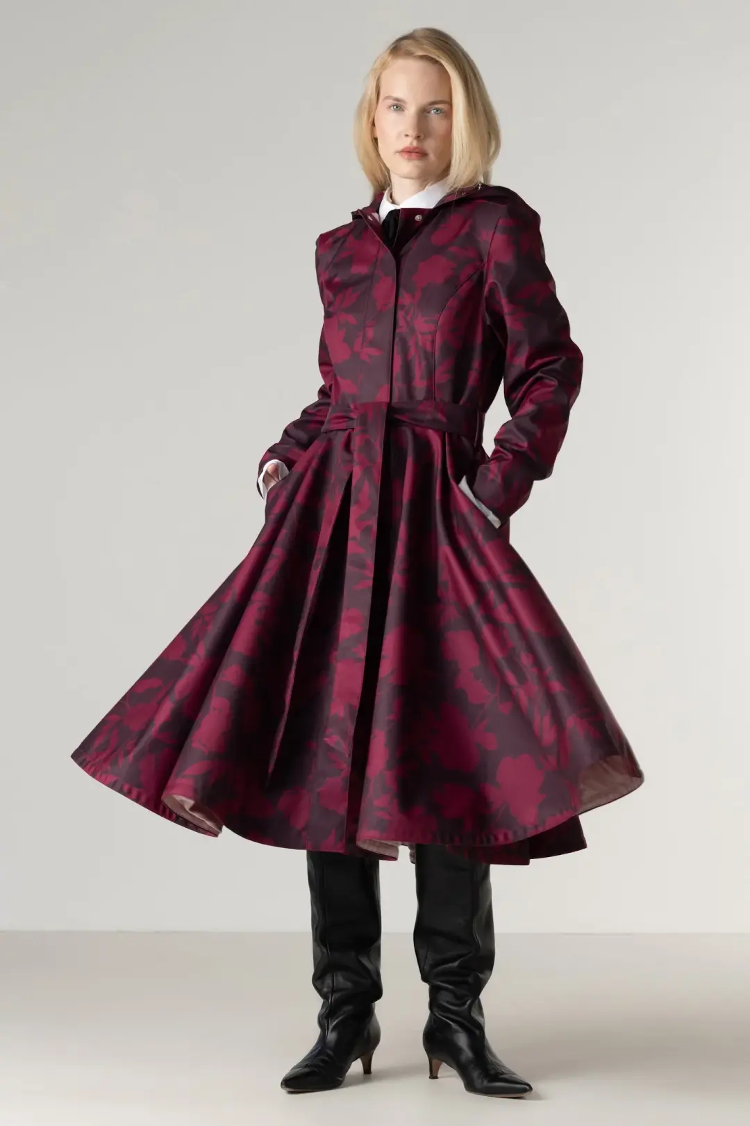 Burgundy Floral Coat with Full Circle Skirt | Peony Velvet