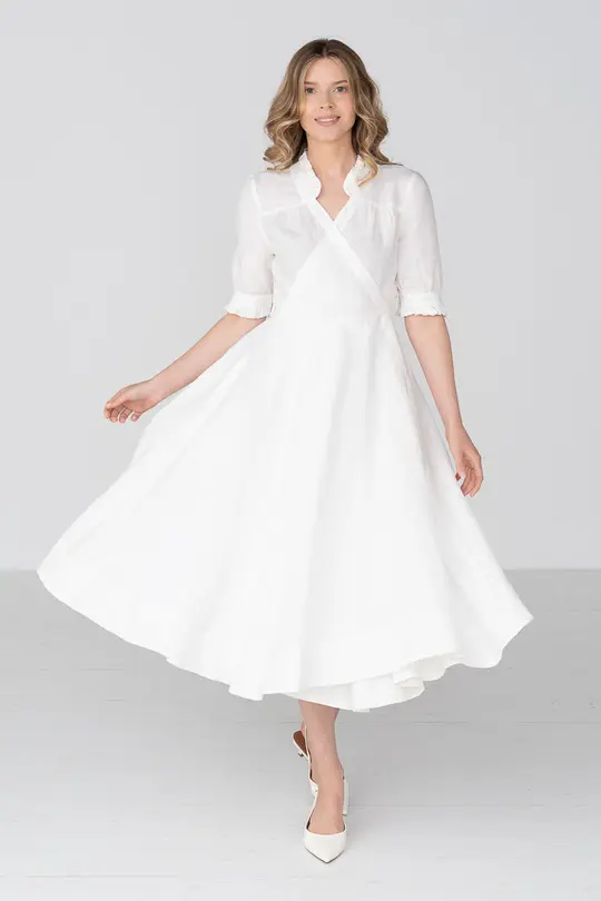 Darcy – Short Sleeve Ruffled V-Neckline Linen Wrap Dress