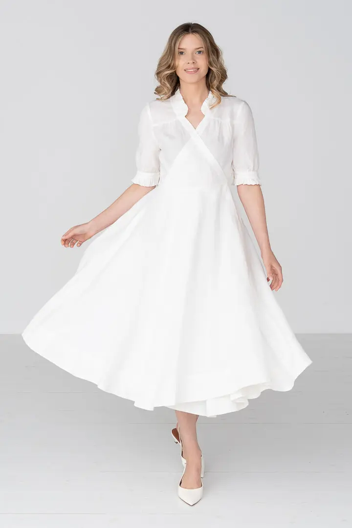 Darcy – Short Sleeve Ruffled V-Neckline Linen Wrap Dress