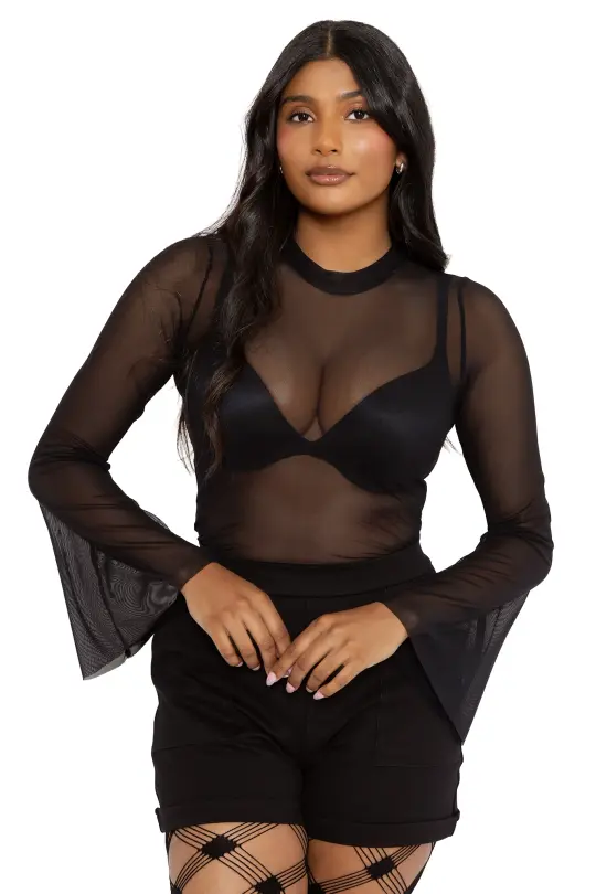Black Sheer Long Flare Sleeve Top