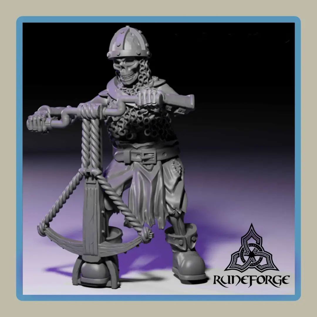 render of 28mm miniature undead armored skeleton with crossbow reloading