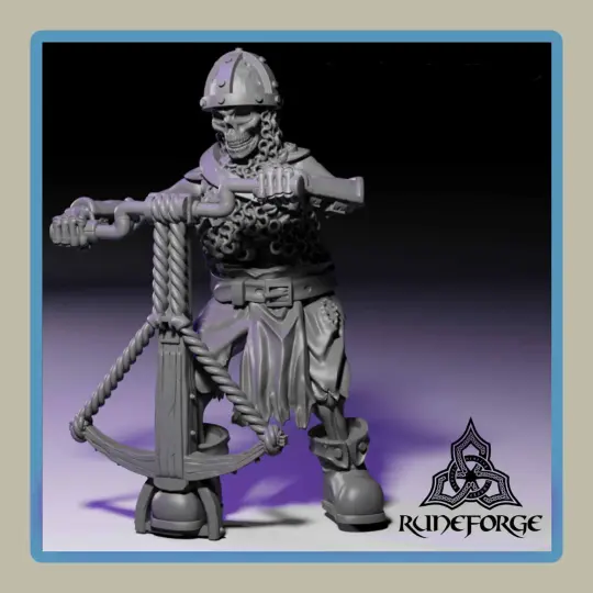 render of 28mm miniature undead armored skeleton with crossbow reloading