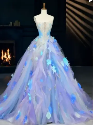 Light blue floral print strapless waist-cinching long ball gown R6563