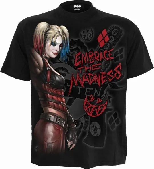 Harley Quinn Embrace Madness Front Print T-Shirt Black - Official DC Comics