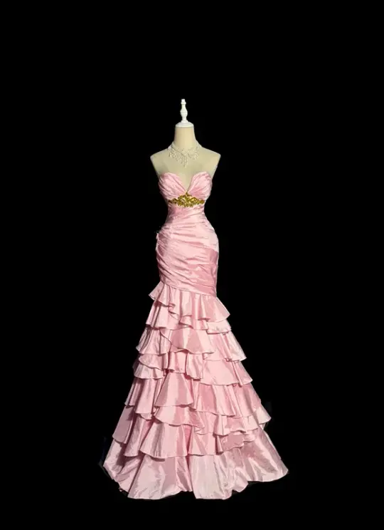 Pink strapless fitted waist bodycon tiered skirt ball gown R8097