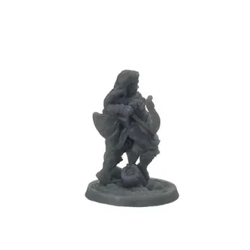 Unpainted 32mm 3D-printed female ranger stepping up onto a rock with her bow held ready — tabletop RPG miniature for D&D, Pathfinder & wargaming