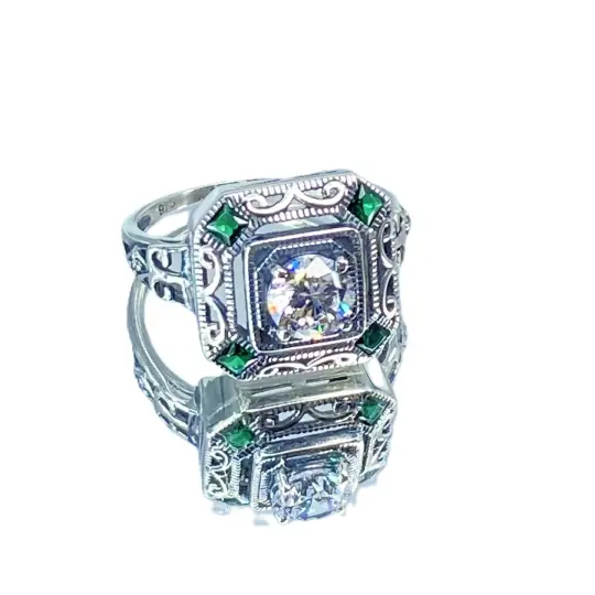 White CZ & Emerald Art Deco Ring, Size 9.5, Vintage Revival Jewelry #D68 - Ready to Ship