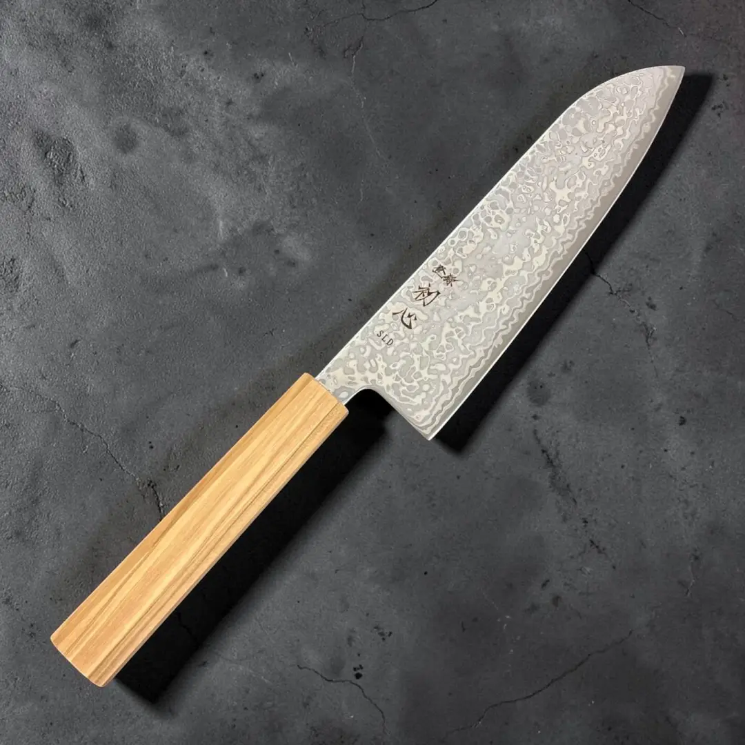 Hatsukokoro Hikari SLD Damascus Santoku 170mm with Olive Handle