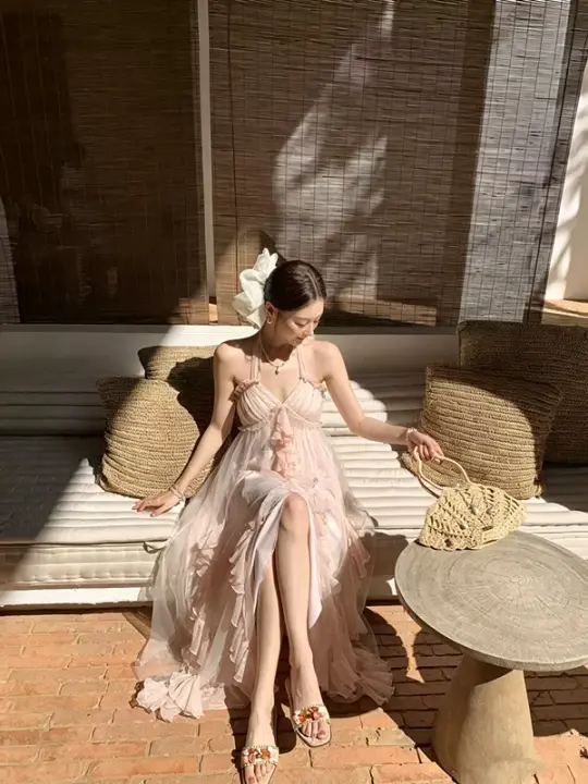 Elegant Pink Satin Ruffle Trim Long Evening Dress with Corset Back Design R9127