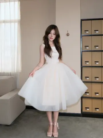 Minimalist White A-Line Square Midi Women Dress with Tulle Skirt Birthday Dress Evening Dress RS070