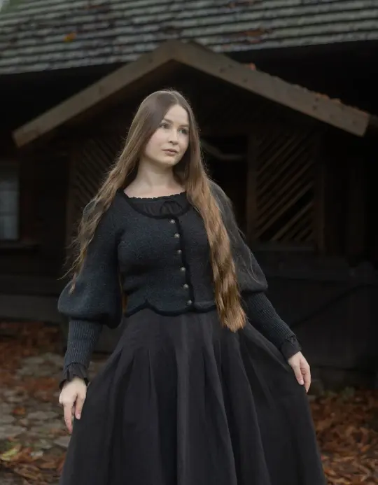 Veste tricotée 'Ilya' à manches gigot en pure laine noire anthracite