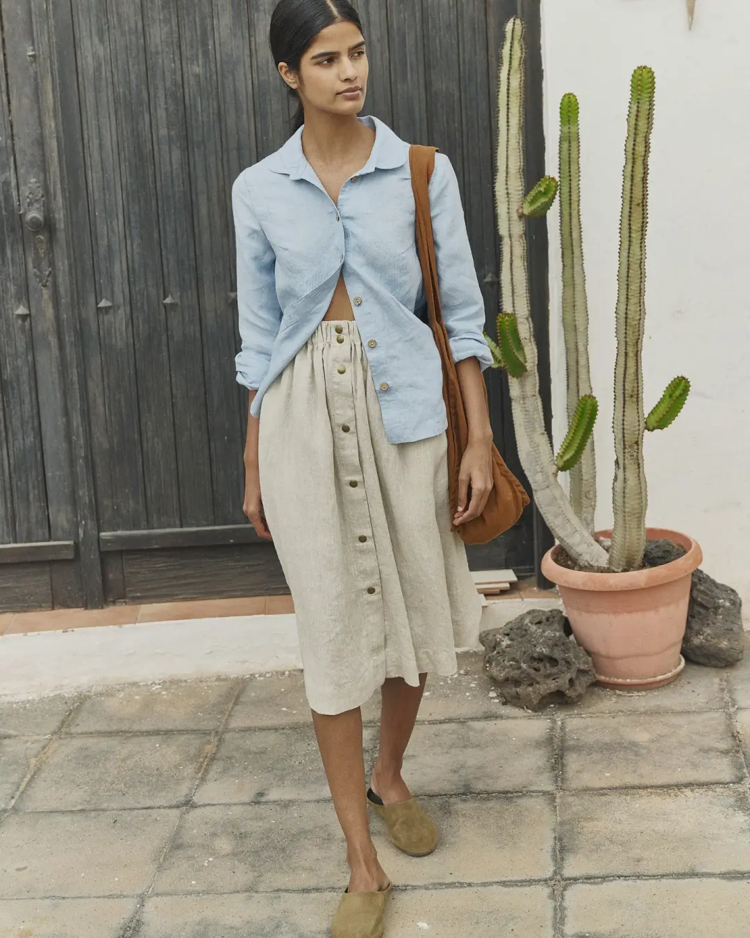 R: MARSEILLE linen front snap skirt (Color: Cobalt Blue; Size: M)