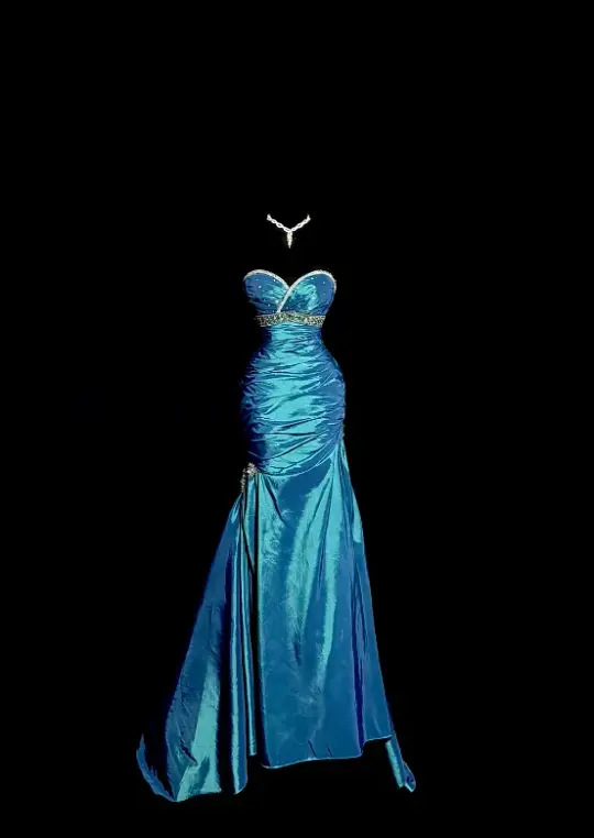 Blue strapless, fitted waist, pleated hips, long fishtail skirt, ball gown R8102