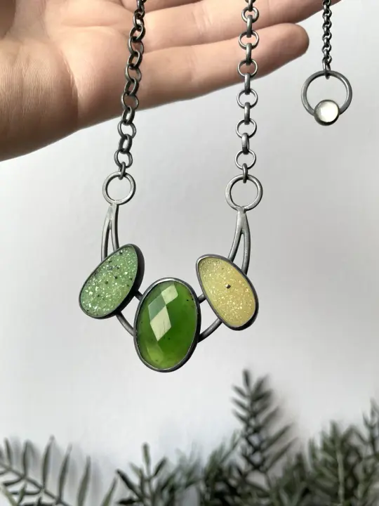 Serpentine and Druzy Moon Necklace
