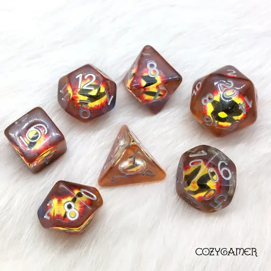 Dragon Eye Dice Set – 7-Piece Brown Evil Eyeball Acrylic Resin DnD Dice