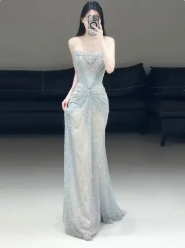 Elegant Light Blue Mermaid Strapless Long Women Dress with Beaded Evening Dress Prom Dress RS137