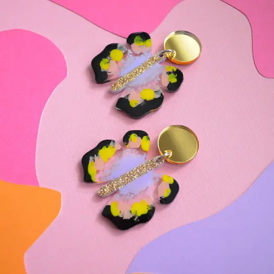 Gold Glitter and Lavender Butterfly Acrylic Earrings