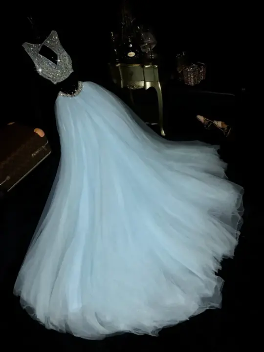 Light blue sleeveless rhinestone long ball gown R6934