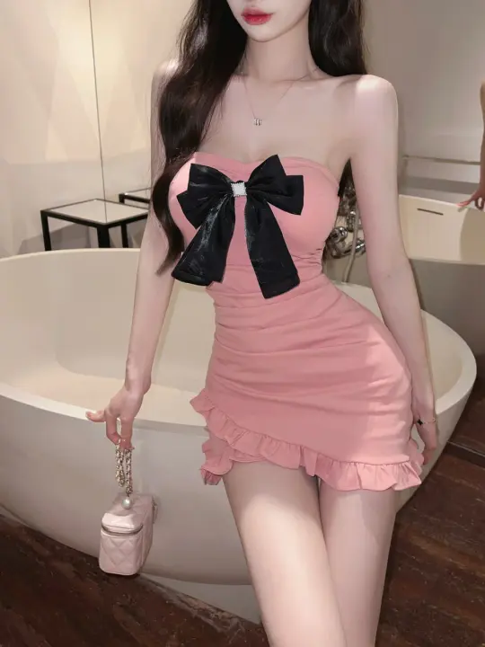Bowknot tube top dress sweet and spicy style small waist irregular slim sexy short skirt R3632
