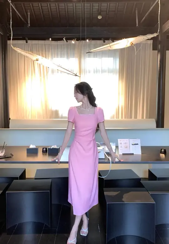 French elegant pink square neck dress for women with slim waist and elegant long skirt R4258