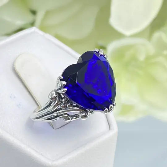 Heart Ring, Size 7, Blue Sapphire Gemstone, Art Deco Jewelry #D213 - Ready to Ship