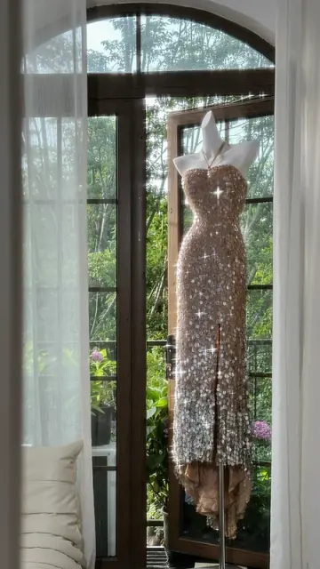 Champagne pink halter neck fitted waist sequined long ball gown R7640