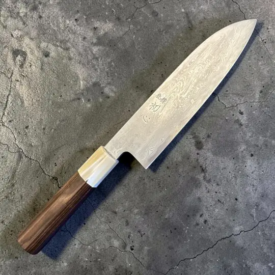 Satoshi Nakagawa Blue #1 Damascus Santoku with Ebony and Horn Handle