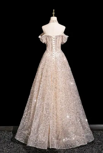 Elegant Champagne Glitter Sequin A-Line Bateau Maxi Wedding Dress RS455