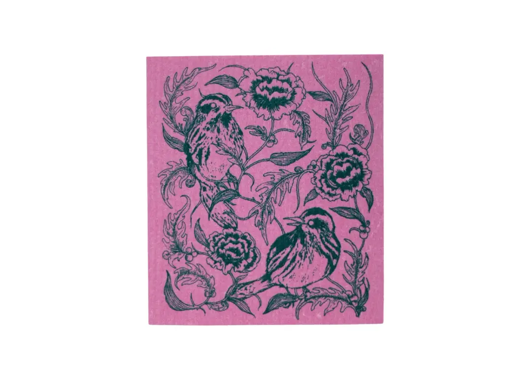 Pink Bird and Floral Swedish Dishcloth