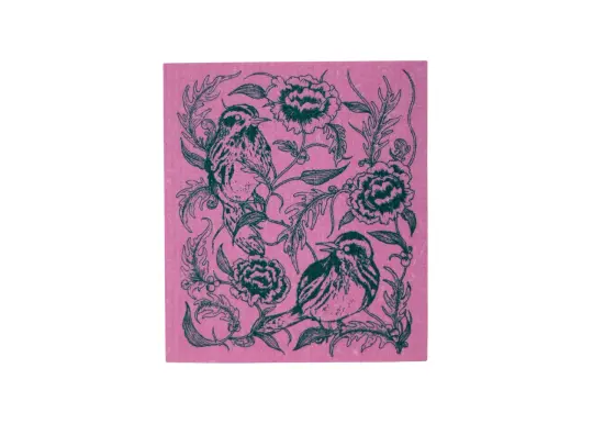 Pink Bird and Floral Swedish Dishcloth