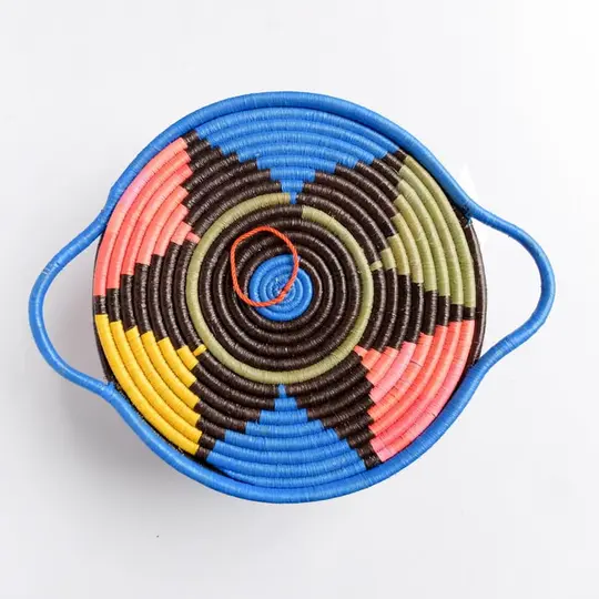 Flat Lidded Handle Basket in Blue, Yellow, Pink and Brown