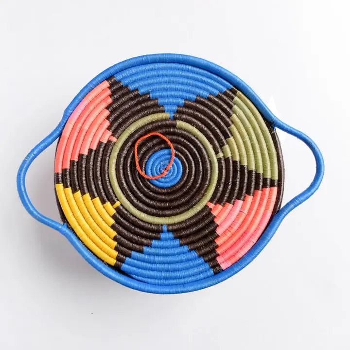 Flat Lidded Handle Basket in Blue, Yellow, Pink and Brown