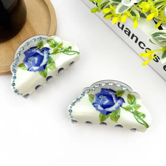 Blue Rose Claw Clip, Elegant Half-round Rhinestone Hair Clip