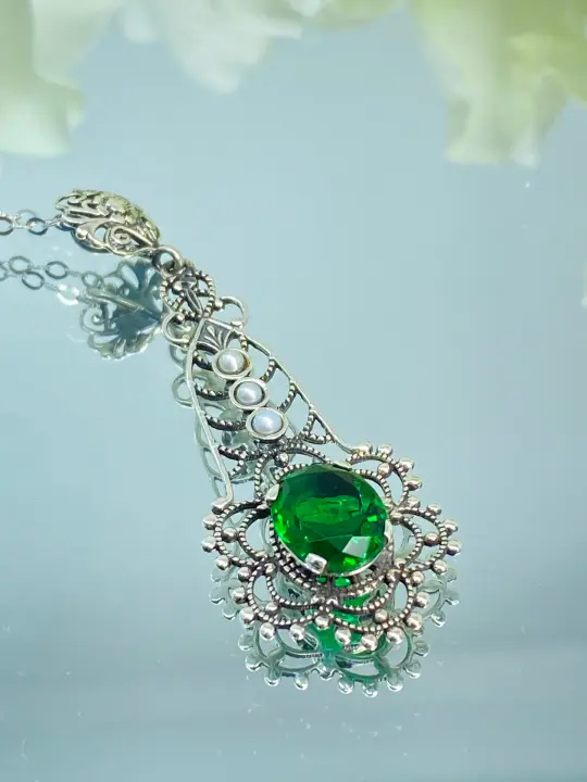 Lavaliere Pendant, Green Emerald Necklace #P17 - Ready to Ship