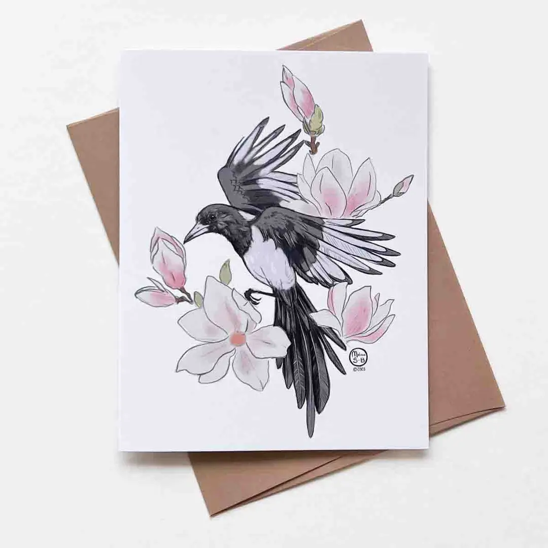 Magpie and Magnolia Flower Greeting Card