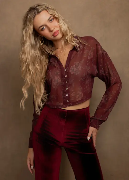 Agnecia Top in Burgundy Floral Print